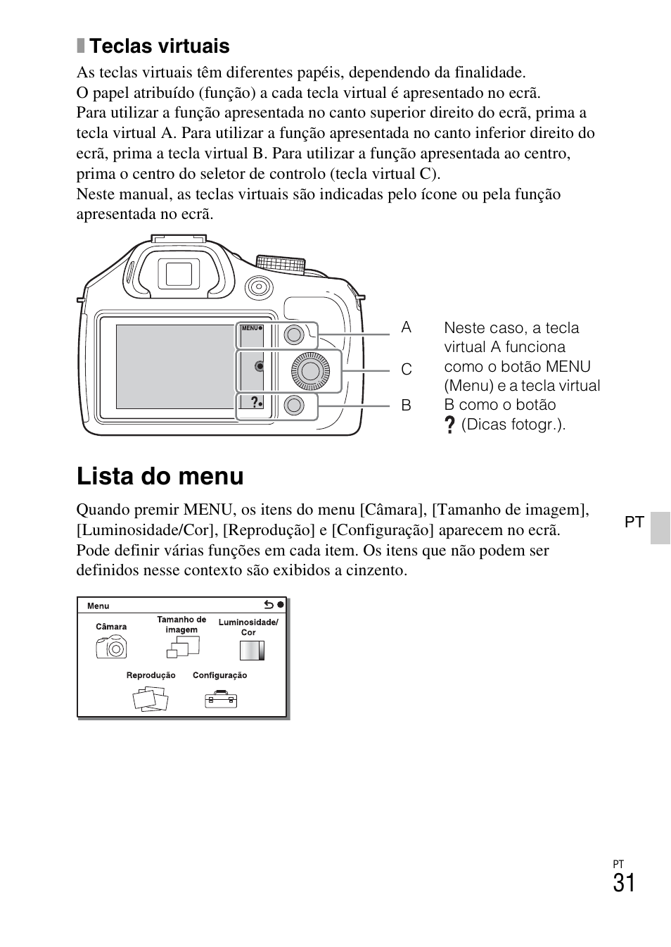 Lista do menu, A (31), B (31 | C (31, Xteclas virtuais | Sony ILCE-3000 User Manual | Page 313 / 579