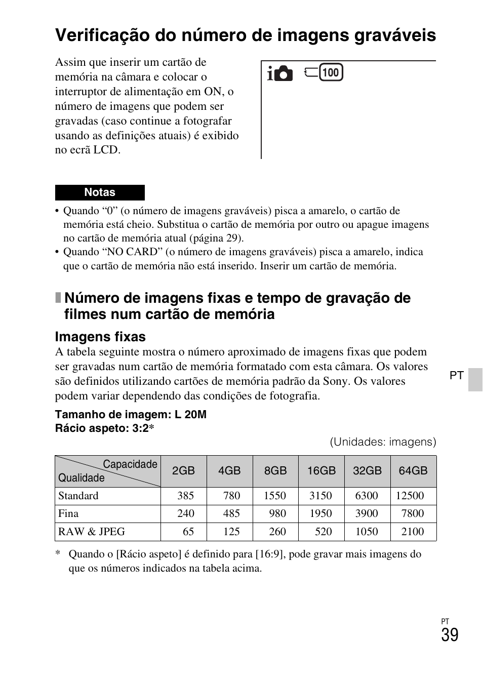 Outros temas, Verificação do número de imagens graváveis, Imagens fixas | Sony ILCE-3000 User Manual | Page 321 / 579