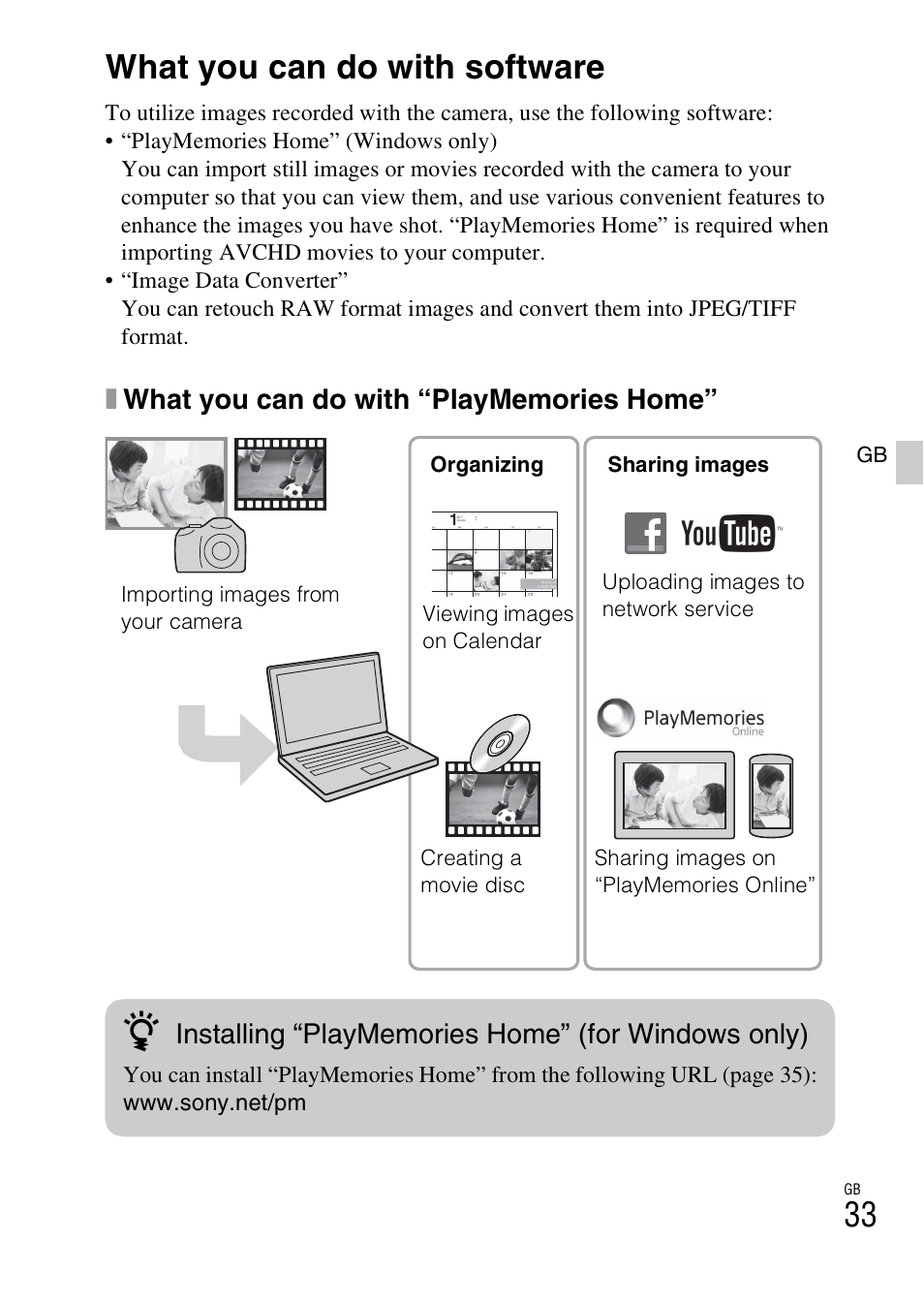 Viewing images on a computer, What you can do with software | Sony ILCE-3000 User Manual | Page 33 / 579