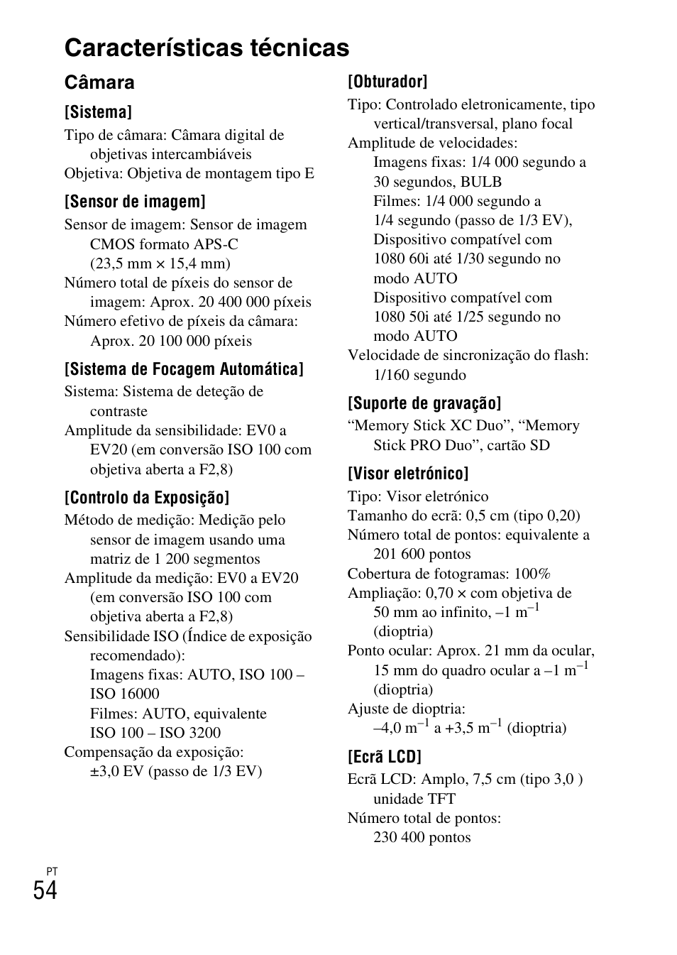 Características técnicas, 54 características técnicas, Câmara | Sony ILCE-3000 User Manual | Page 336 / 579