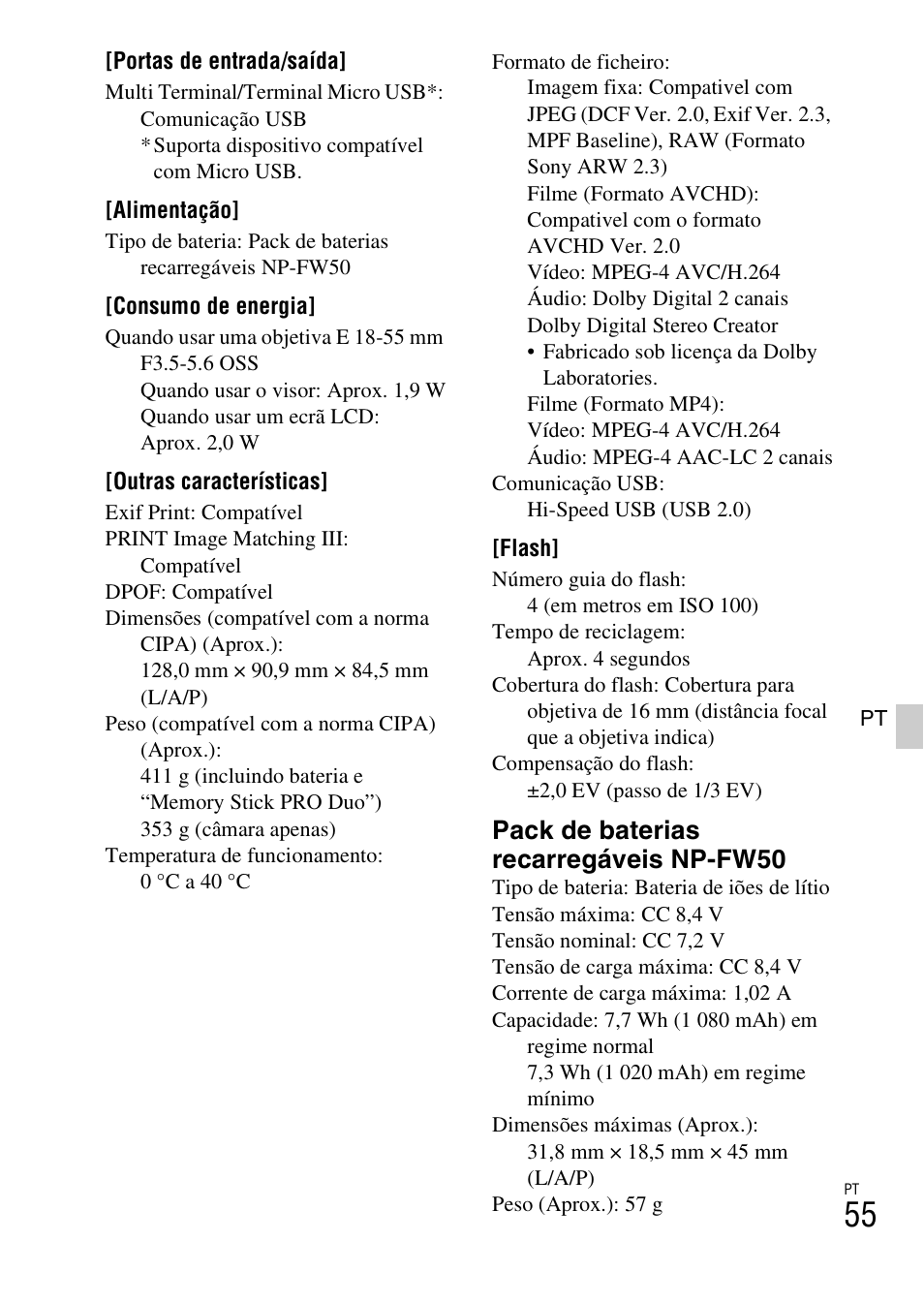 Pack de baterias recarregáveis np-fw50 | Sony ILCE-3000 User Manual | Page 337 / 579