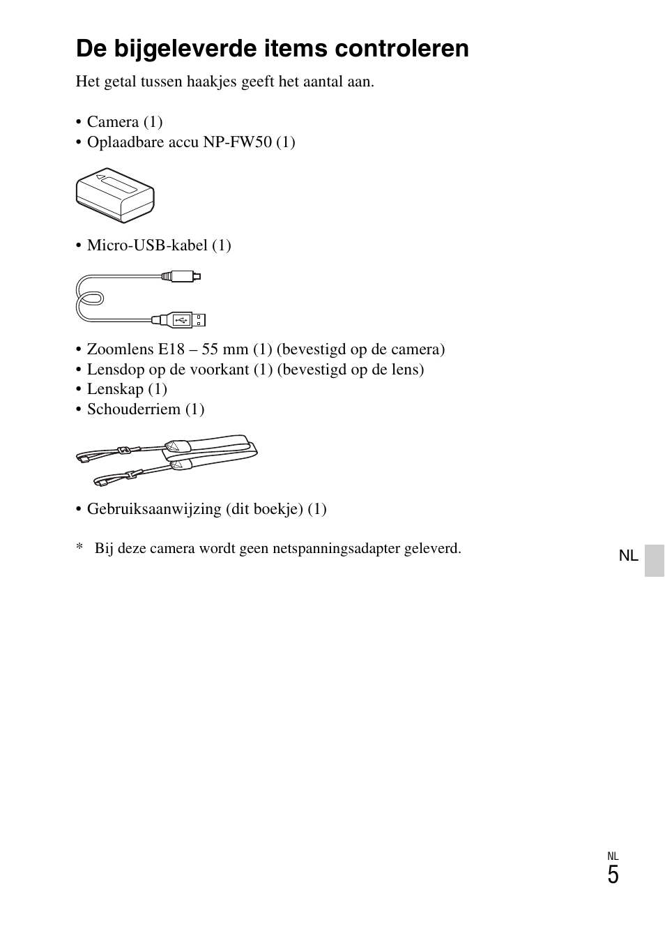 De camera voorbereiden, De bijgeleverde items controleren | Sony ILCE-3000 User Manual | Page 345 / 579