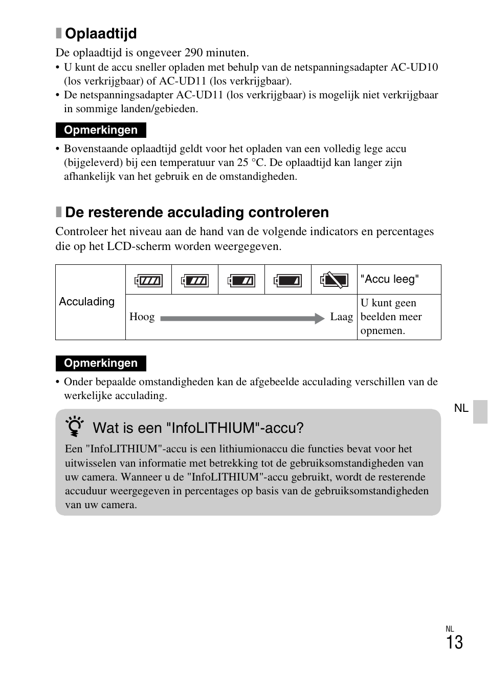 Xoplaadtijd, Xde resterende acculading controleren, Wat is een "infolithium"-accu | Sony ILCE-3000 User Manual | Page 353 / 579