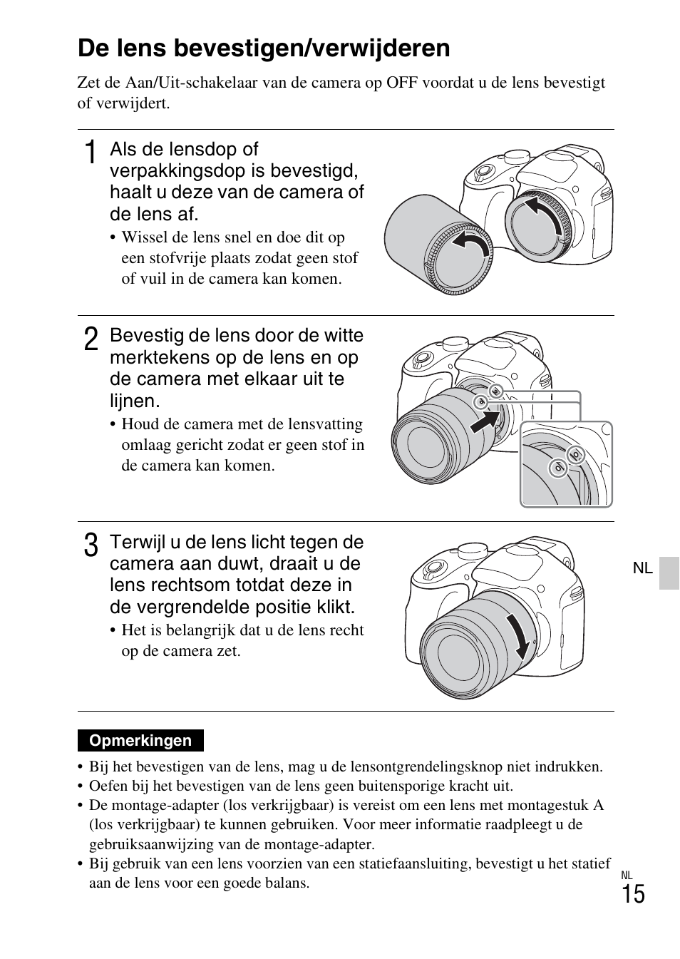 De lens bevestigen/verwijderen | Sony ILCE-3000 User Manual | Page 355 / 579
