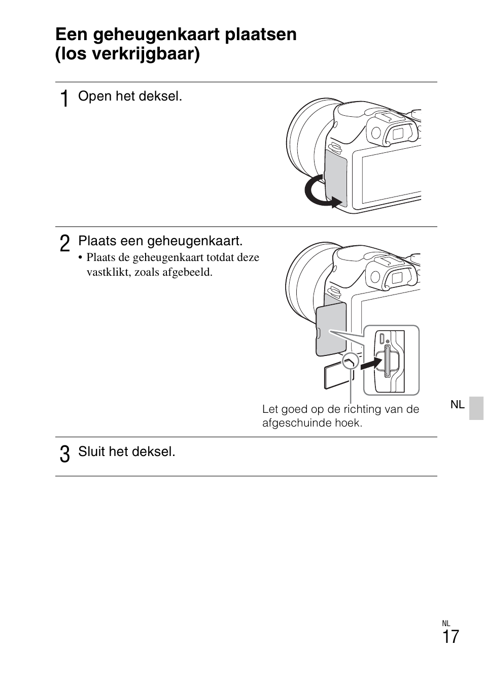 Een geheugenkaart plaatsen (los verkrijgbaar) | Sony ILCE-3000 User Manual | Page 357 / 579