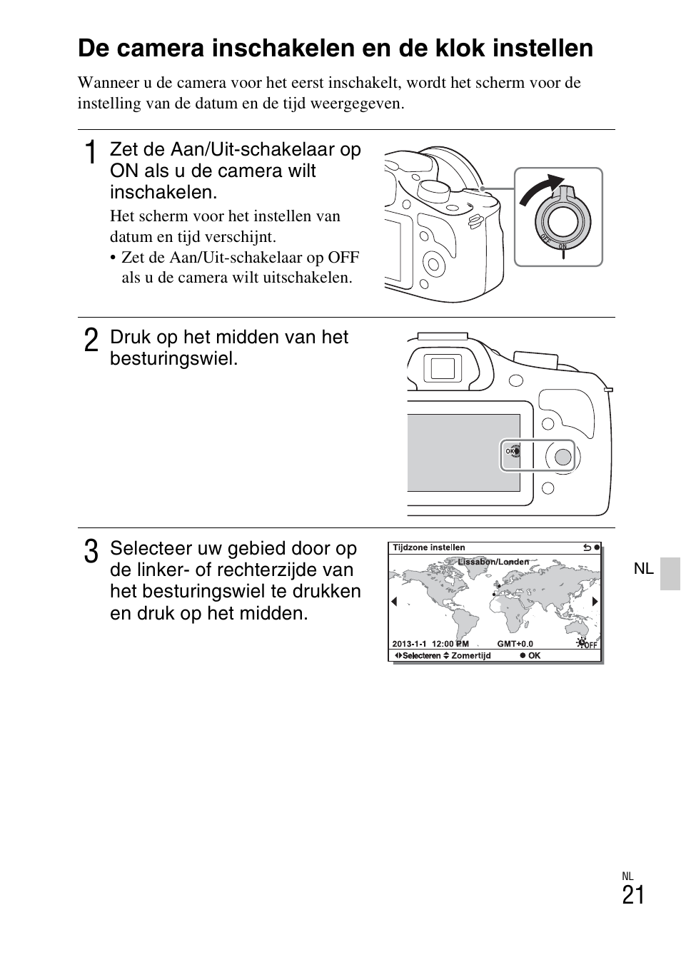 De camera inschakelen en de klok instellen | Sony ILCE-3000 User Manual | Page 361 / 579