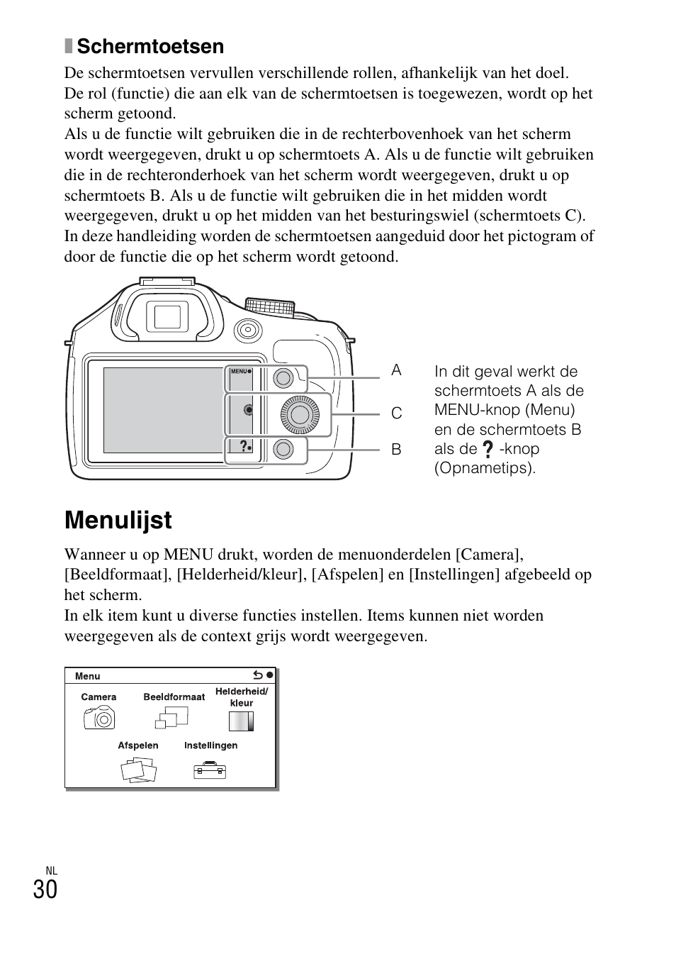 Menulijst, S a (30), Xschermtoetsen | Sony ILCE-3000 User Manual | Page 370 / 579