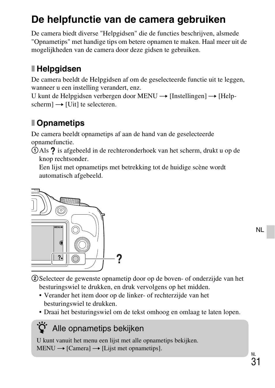 De helpfunctie van de camera gebruiken | Sony ILCE-3000 User Manual | Page 371 / 579