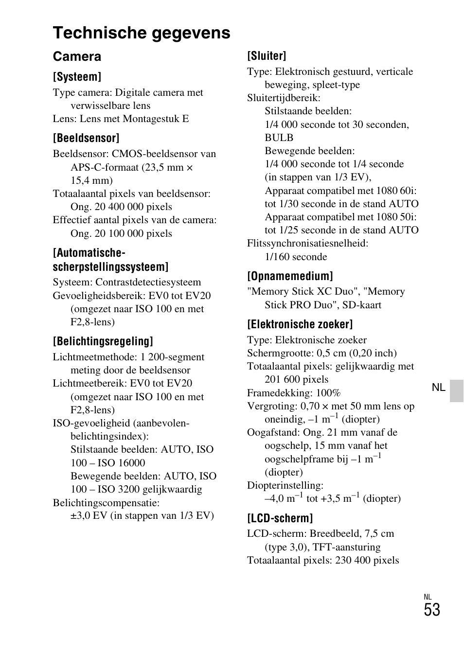 Technische gegevens, Camera | Sony ILCE-3000 User Manual | Page 393 / 579