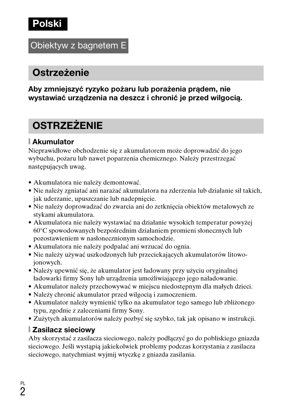 Polski, Ostrzeżenie ostrzeżenie, Obiektyw z bagnetem e | Sony ILCE-3000 User Manual | Page 398 / 579