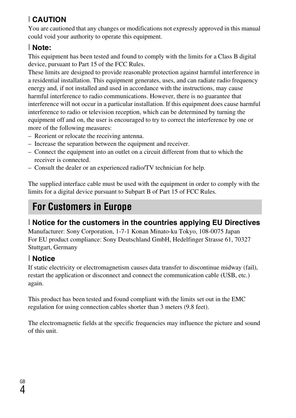 For customers in europe | Sony ILCE-3000 User Manual | Page 4 / 579