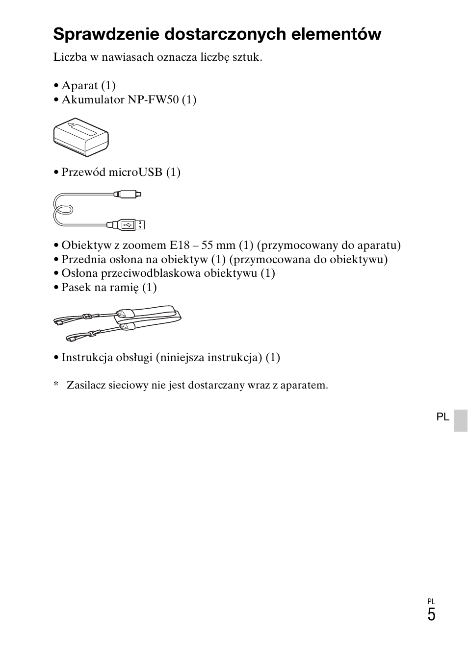 Przygotowanie aparatu, Sprawdzenie dostarczonych elementów | Sony ILCE-3000 User Manual | Page 401 / 579