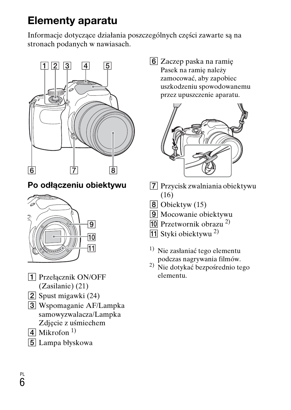 Elementy aparatu, 6elementy aparatu, Po odłączeniu obiektywu | Sony ILCE-3000 User Manual | Page 402 / 579