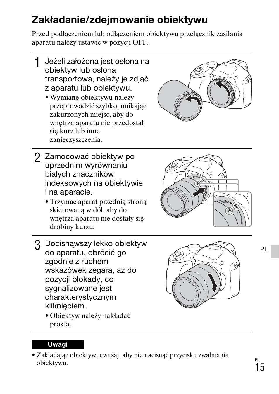 Zakładanie/zdejmowanie obiektywu, Yw (15) | Sony ILCE-3000 User Manual | Page 411 / 579