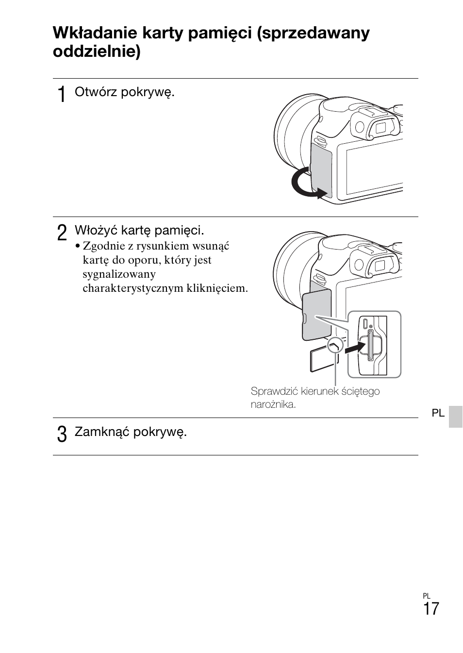 Wkładanie karty pamięci (sprzedawany oddzielnie) | Sony ILCE-3000 User Manual | Page 413 / 579