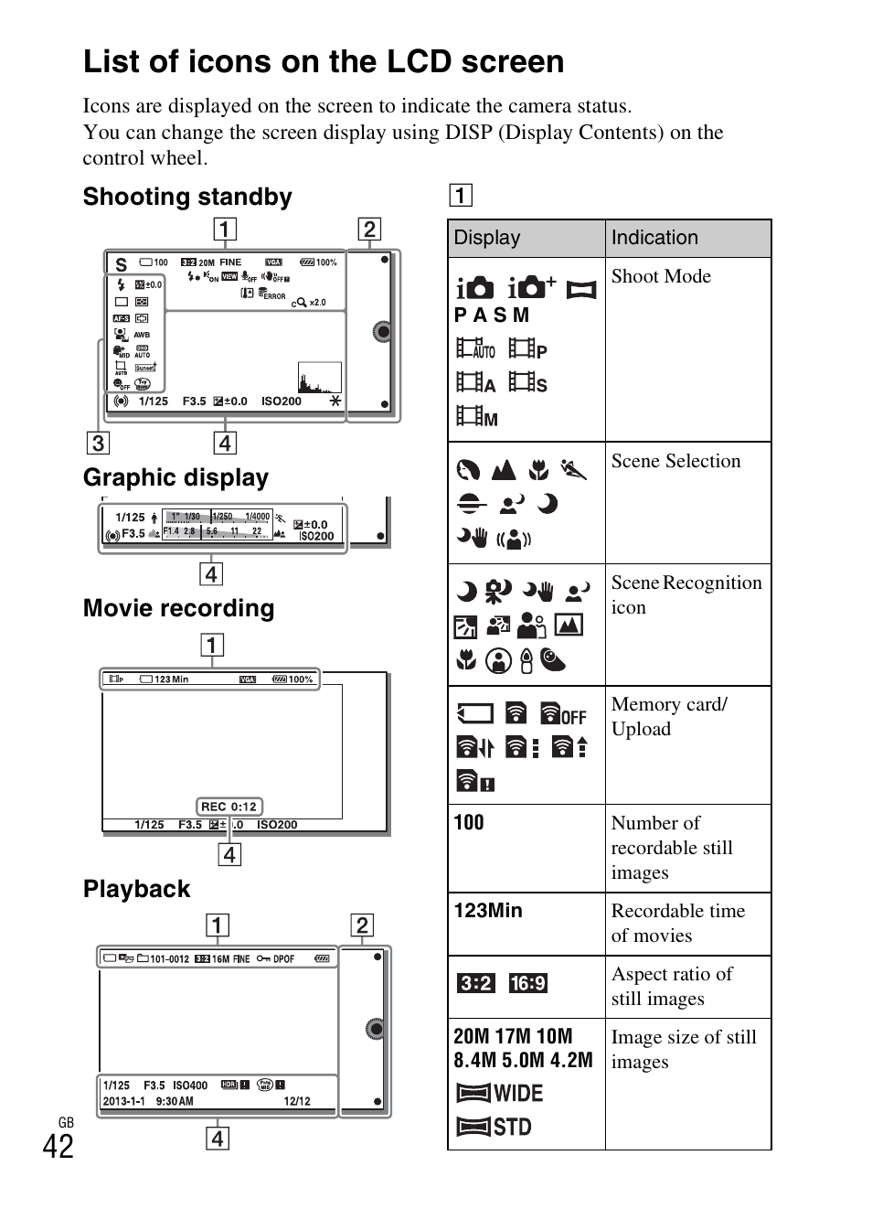 List of icons on the lcd screen, 42 list of icons on the lcd screen | Sony ILCE-3000 User Manual | Page 42 / 579