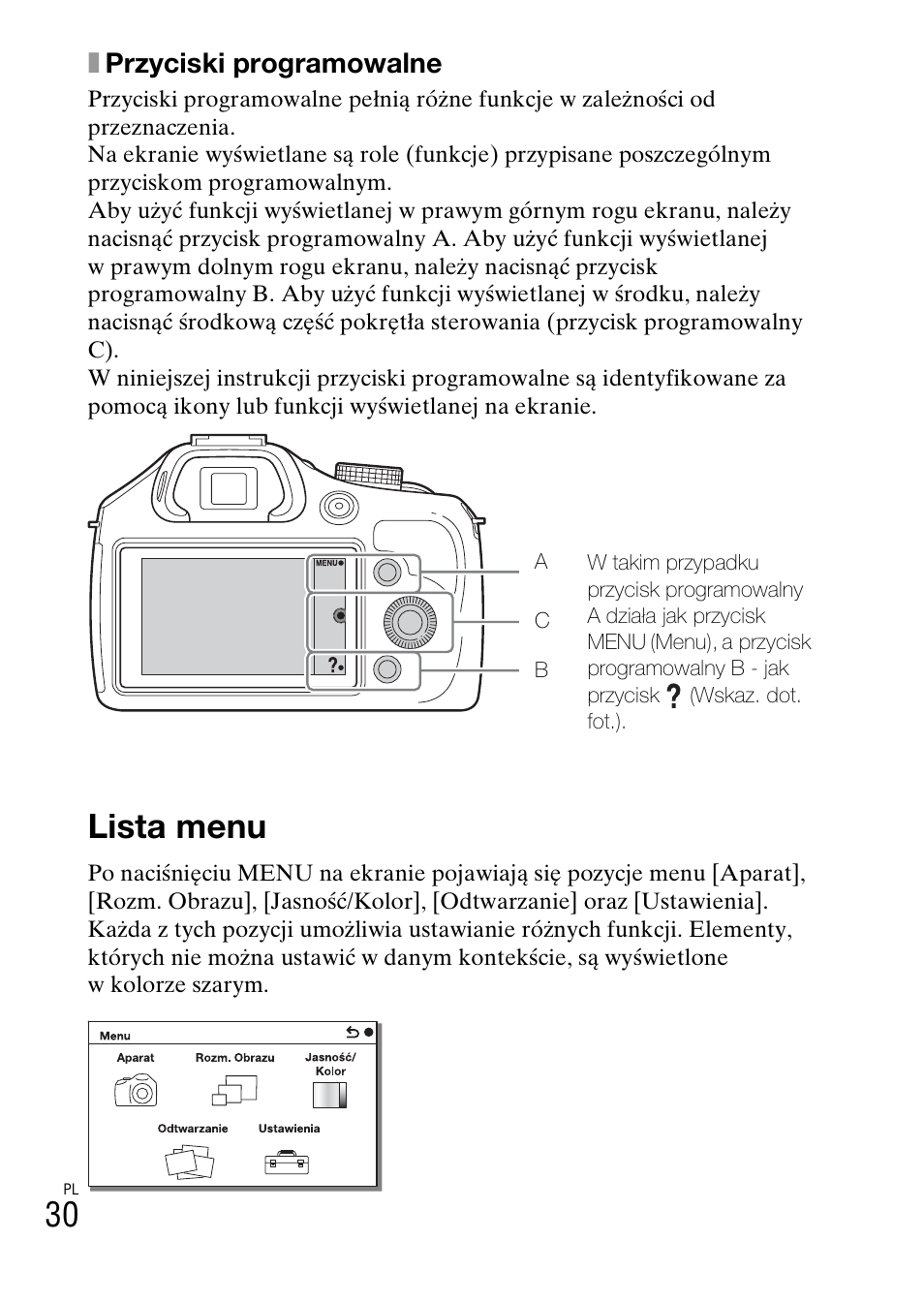 Lista menu, Xprzyciski programowalne | Sony ILCE-3000 User Manual | Page 426 / 579