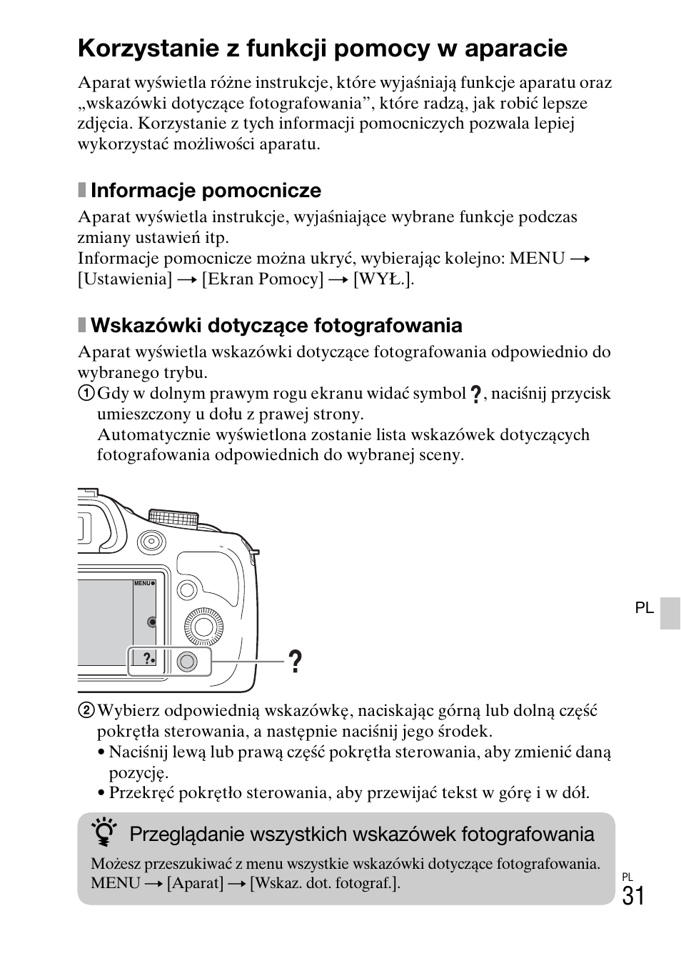 Korzystanie z funkcji pomocy w aparacie | Sony ILCE-3000 User Manual | Page 427 / 579