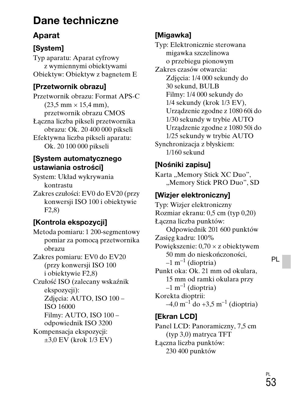 Dane techniczne, Aparat | Sony ILCE-3000 User Manual | Page 449 / 579