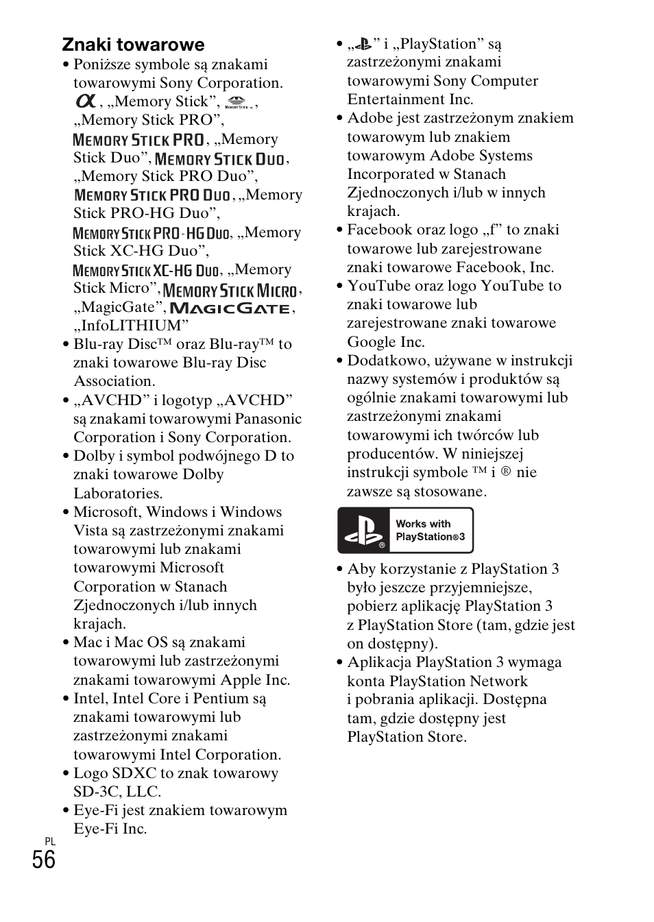 Znaki towarowe | Sony ILCE-3000 User Manual | Page 452 / 579
