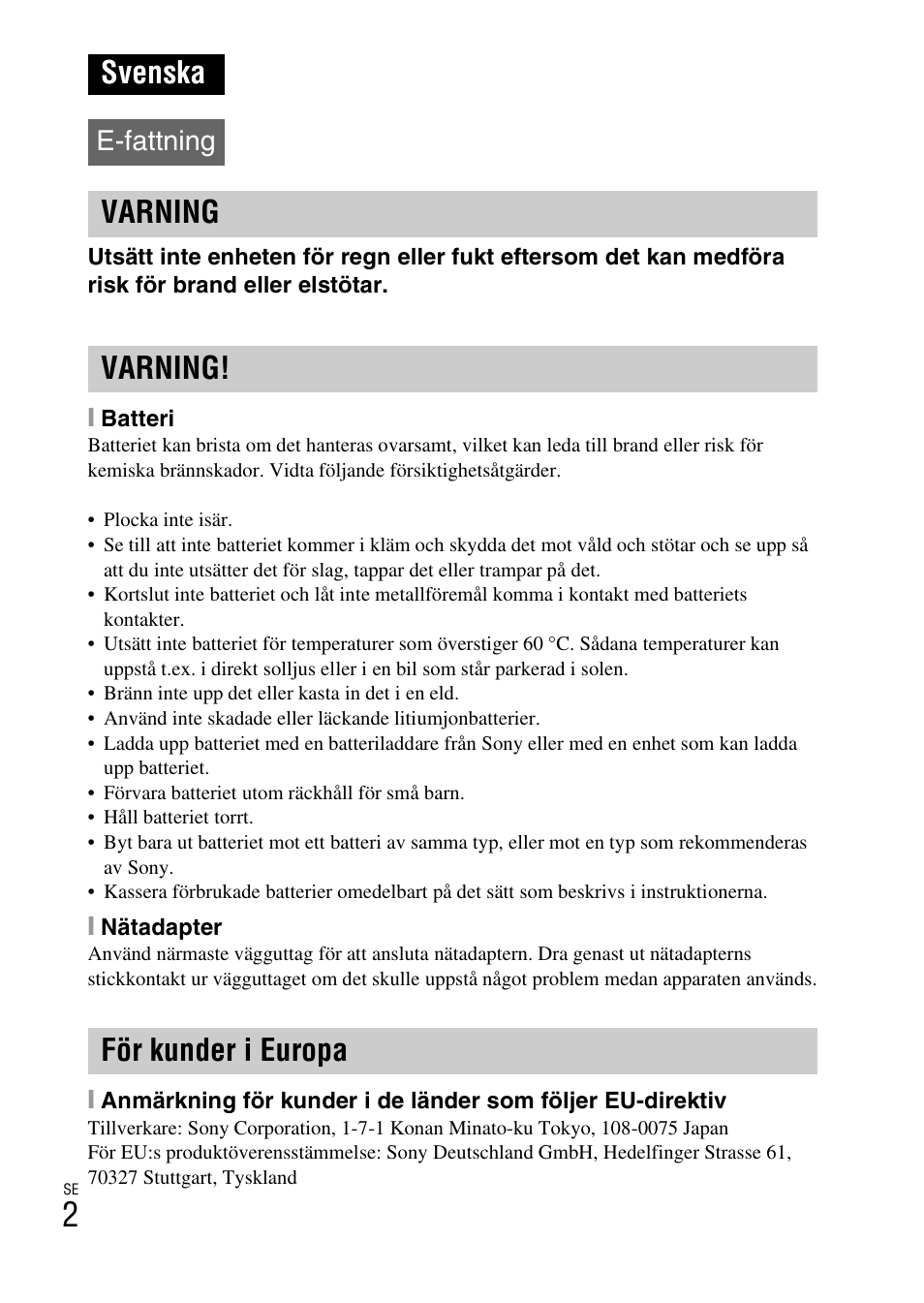 Svenska, Varning varning! för kunder i europa, E-fattning | Sony ILCE-3000 User Manual | Page 454 / 579