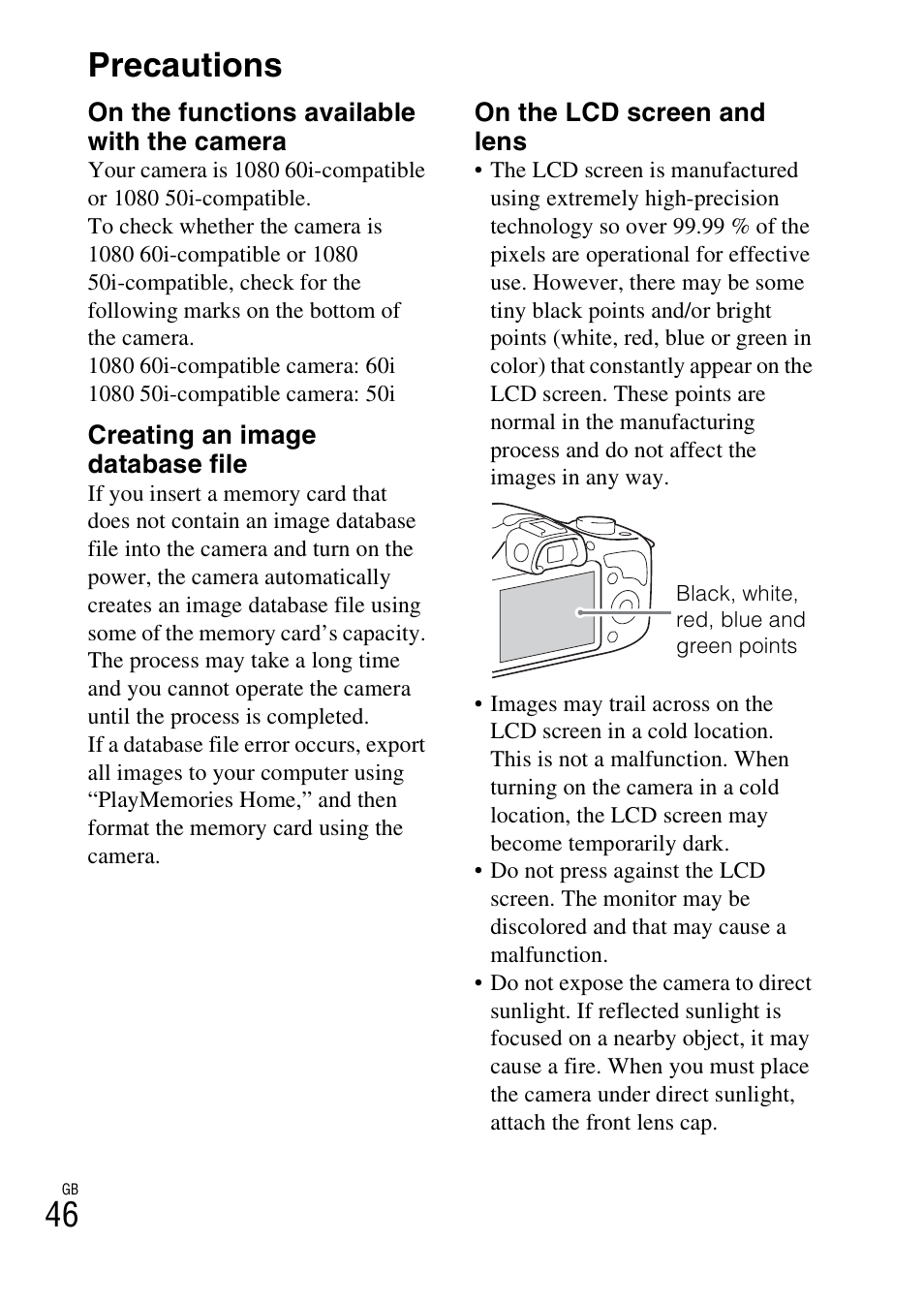 Precautions, 46 precautions | Sony ILCE-3000 User Manual | Page 46 / 579