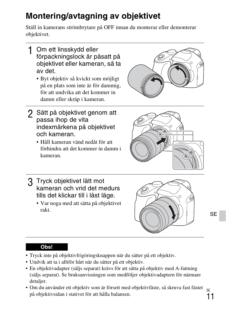 Montering/avtagning av objektivet | Sony ILCE-3000 User Manual | Page 463 / 579