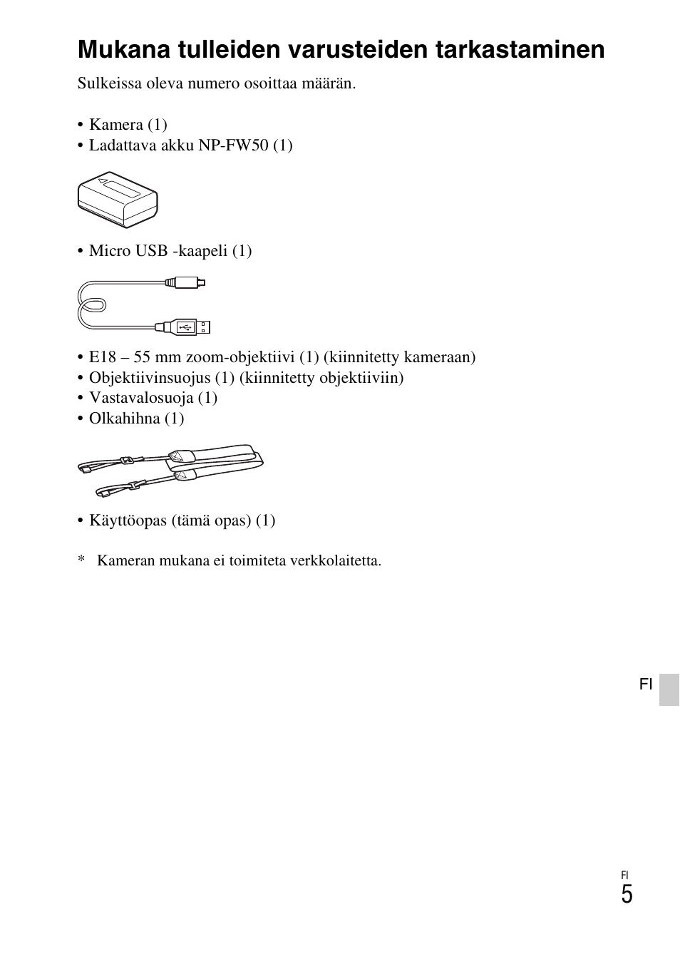 Kameran valmistelu, Mukana tulleiden varusteiden tarkastaminen | Sony ILCE-3000 User Manual | Page 489 / 579