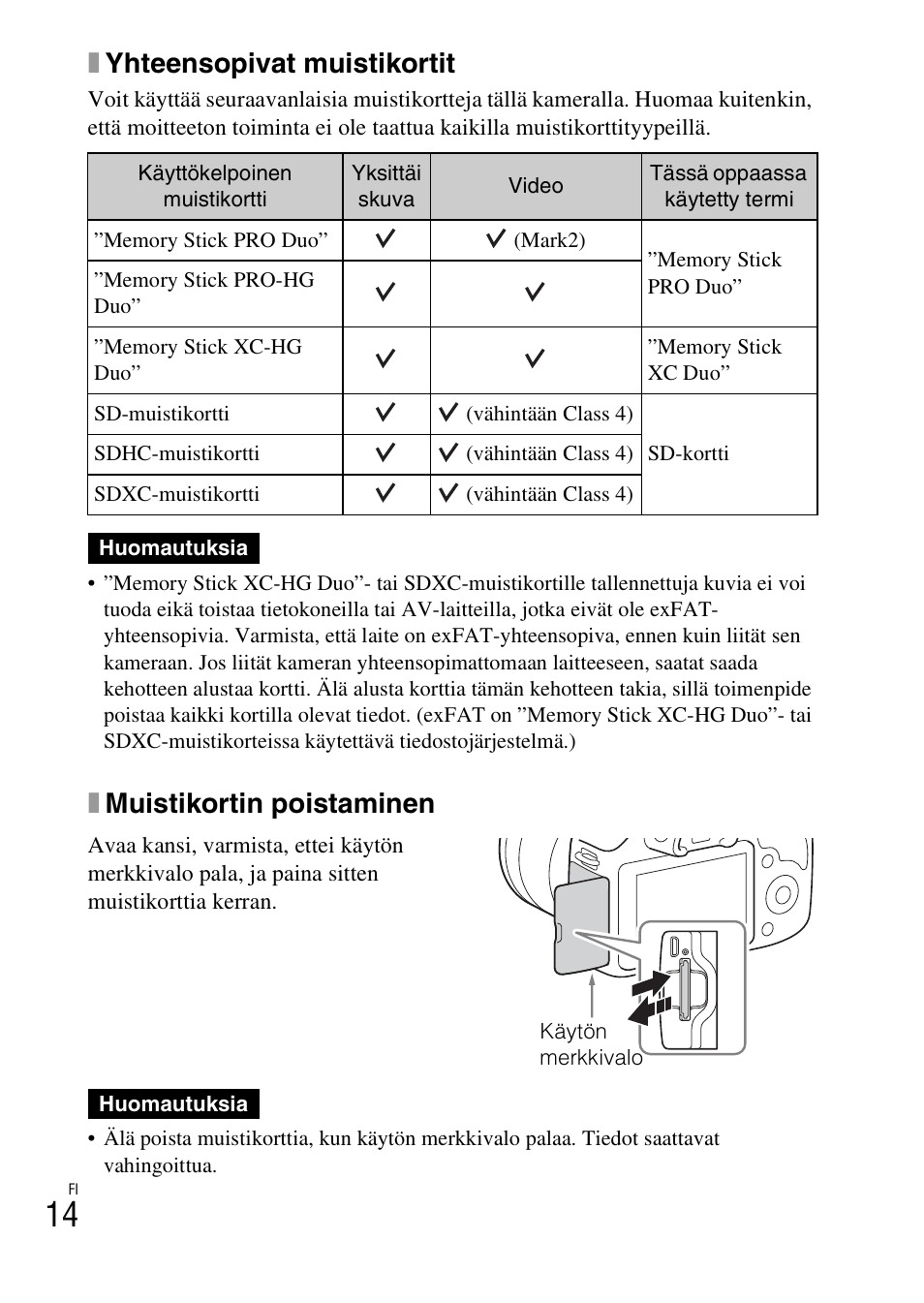 Xyhteensopivat muistikortit, Xmuistikortin poistaminen | Sony ILCE-3000 User Manual | Page 498 / 579