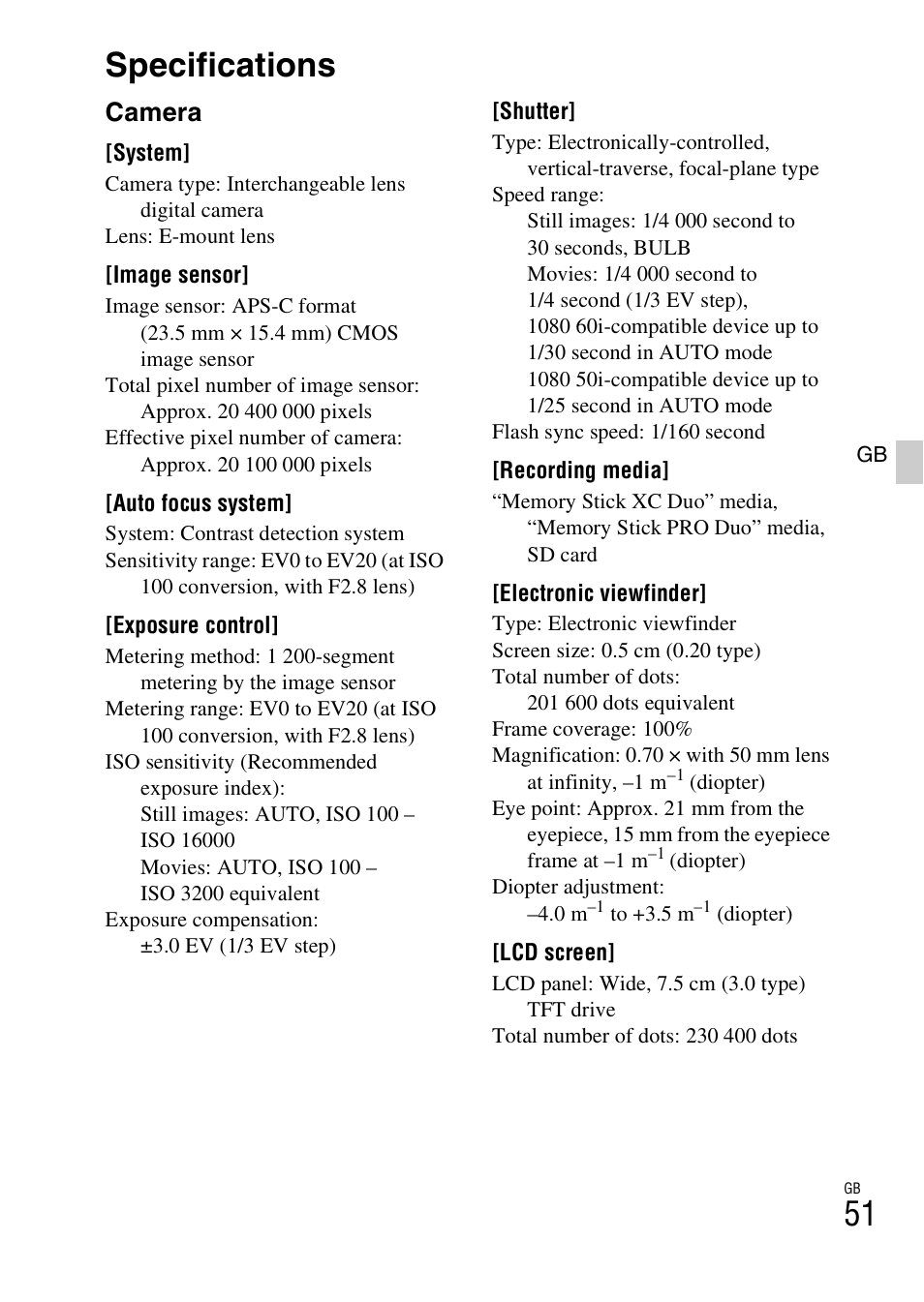 Specifications, Camera | Sony ILCE-3000 User Manual | Page 51 / 579