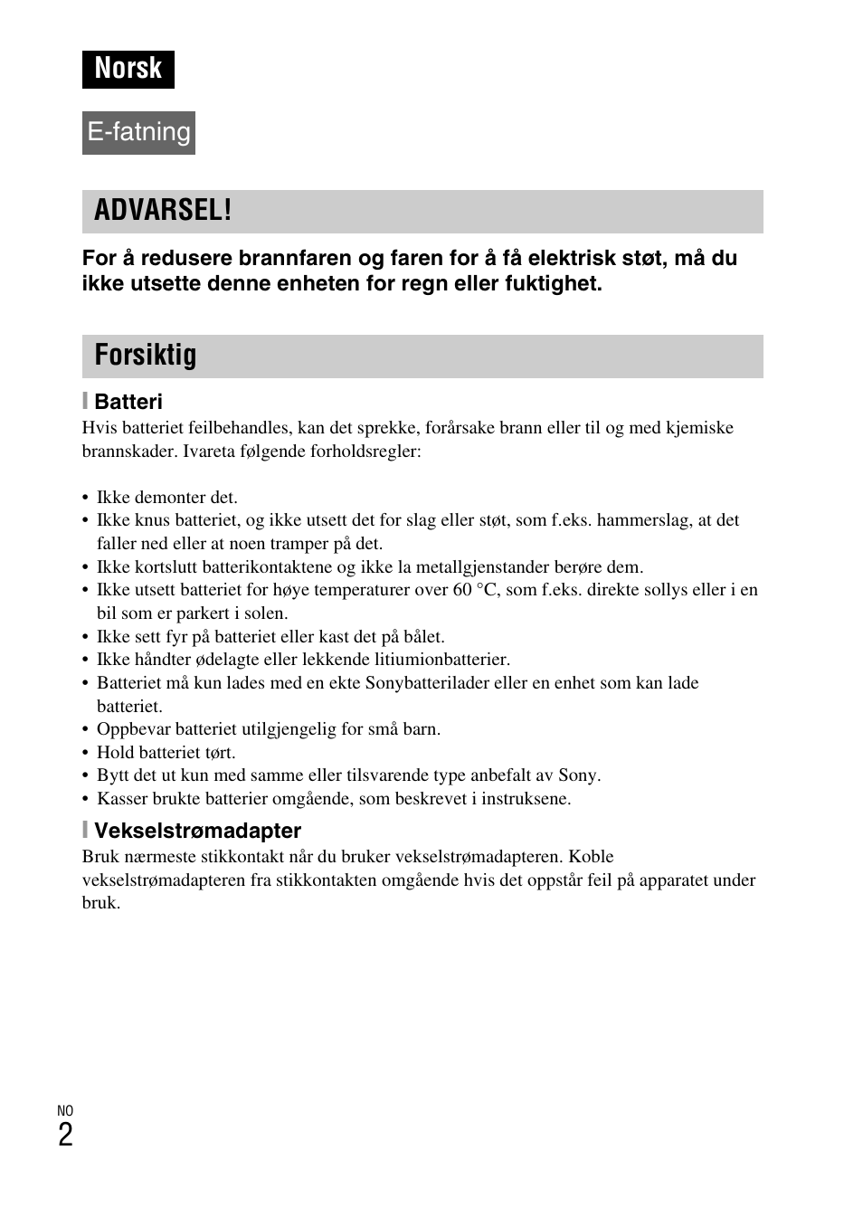 Norsk, Advarsel! forsiktig, E-fatning | Sony ILCE-3000 User Manual | Page 516 / 579
