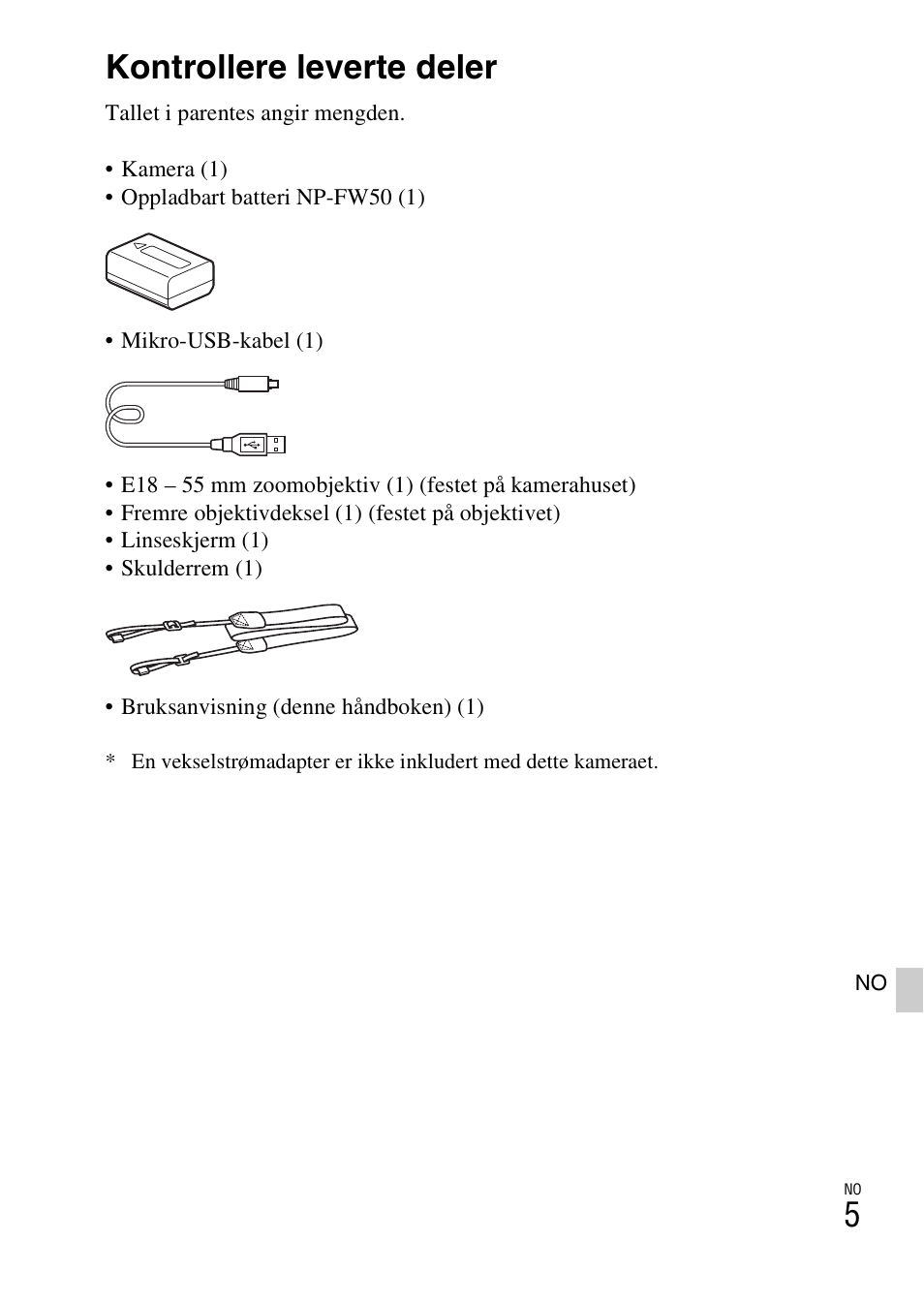 Klargjøre kameraet, Kontrollere leverte deler | Sony ILCE-3000 User Manual | Page 519 / 579