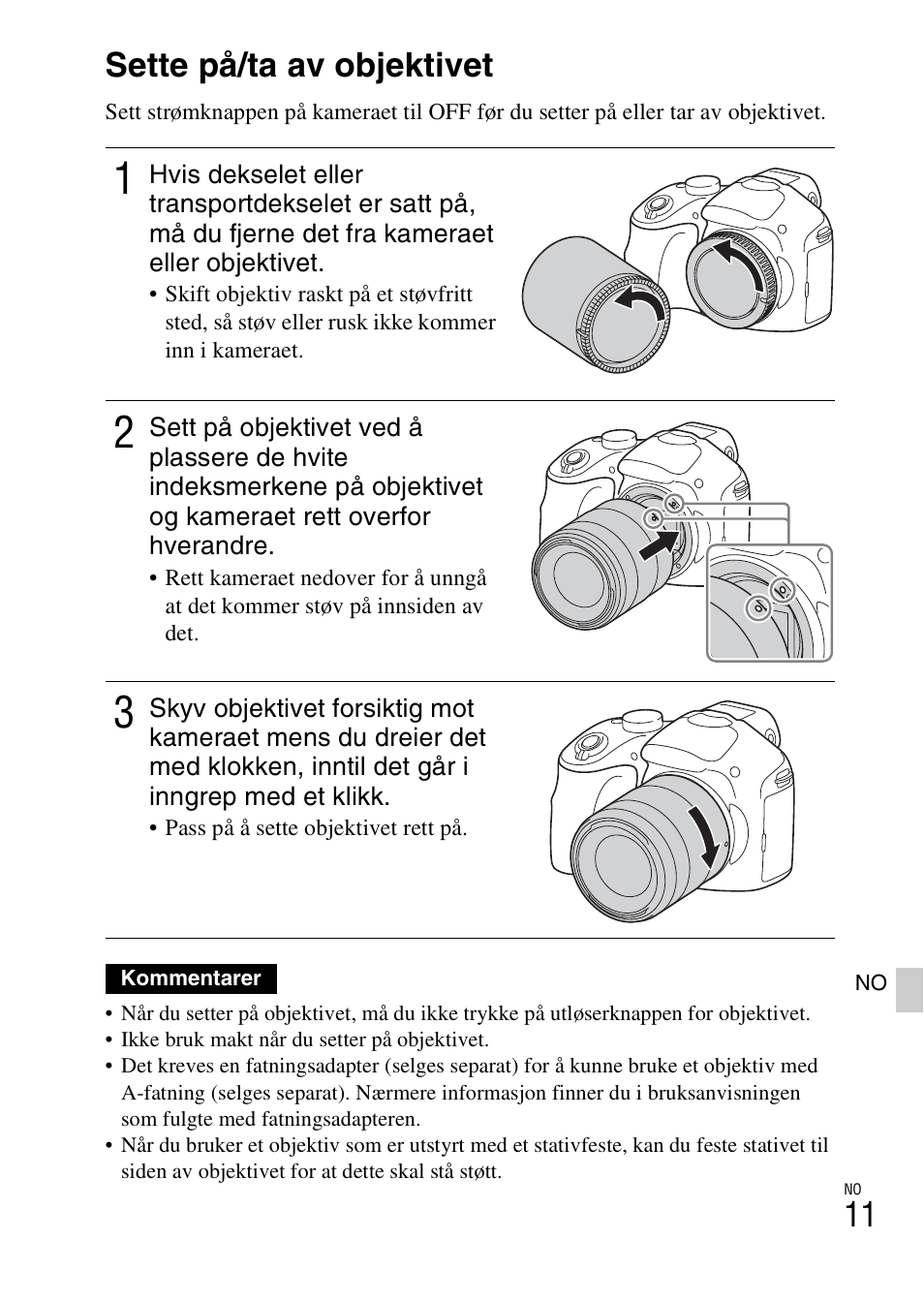 Sette på/ta av objektivet | Sony ILCE-3000 User Manual | Page 525 / 579