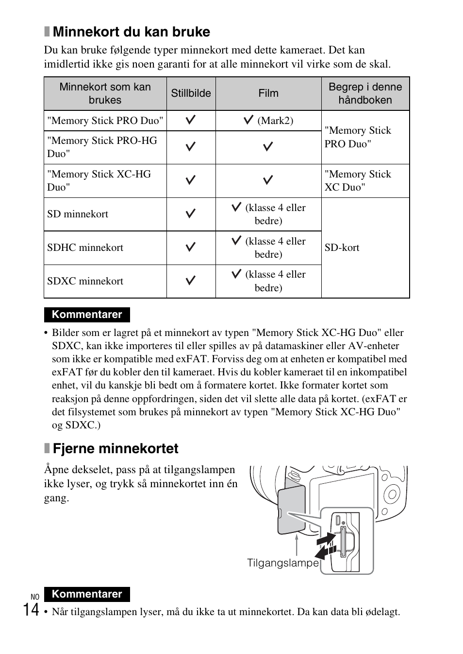 Xminnekort du kan bruke, Xfjerne minnekortet | Sony ILCE-3000 User Manual | Page 528 / 579