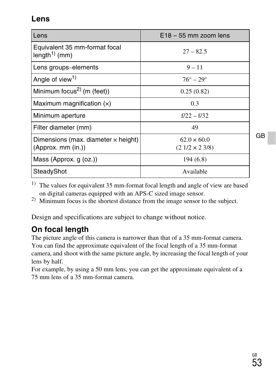 Lens, On focal length | Sony ILCE-3000 User Manual | Page 53 / 579
