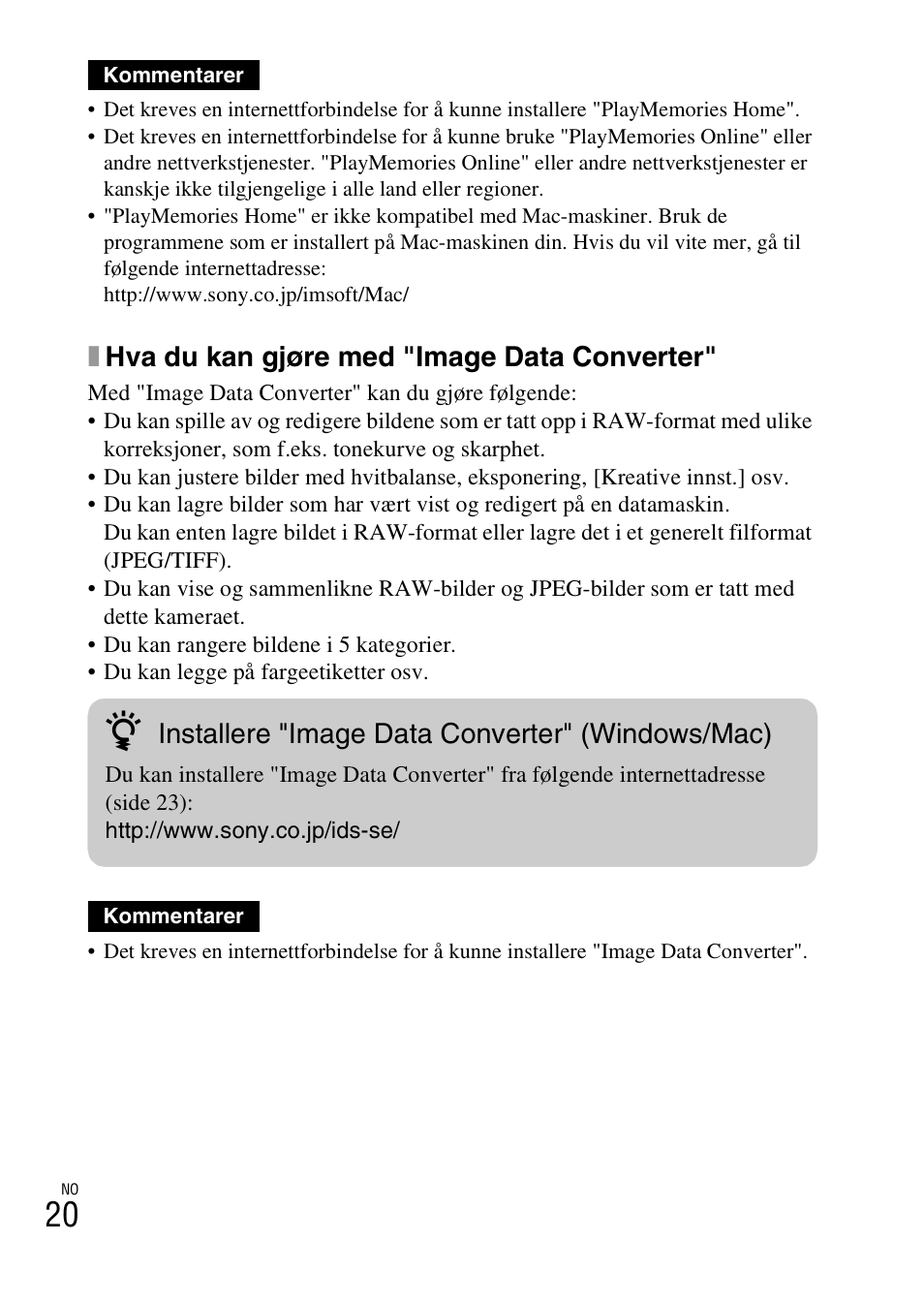 Xhva du kan gjøre med "image data converter, Installere "image data converter" (windows/mac) | Sony ILCE-3000 User Manual | Page 534 / 579