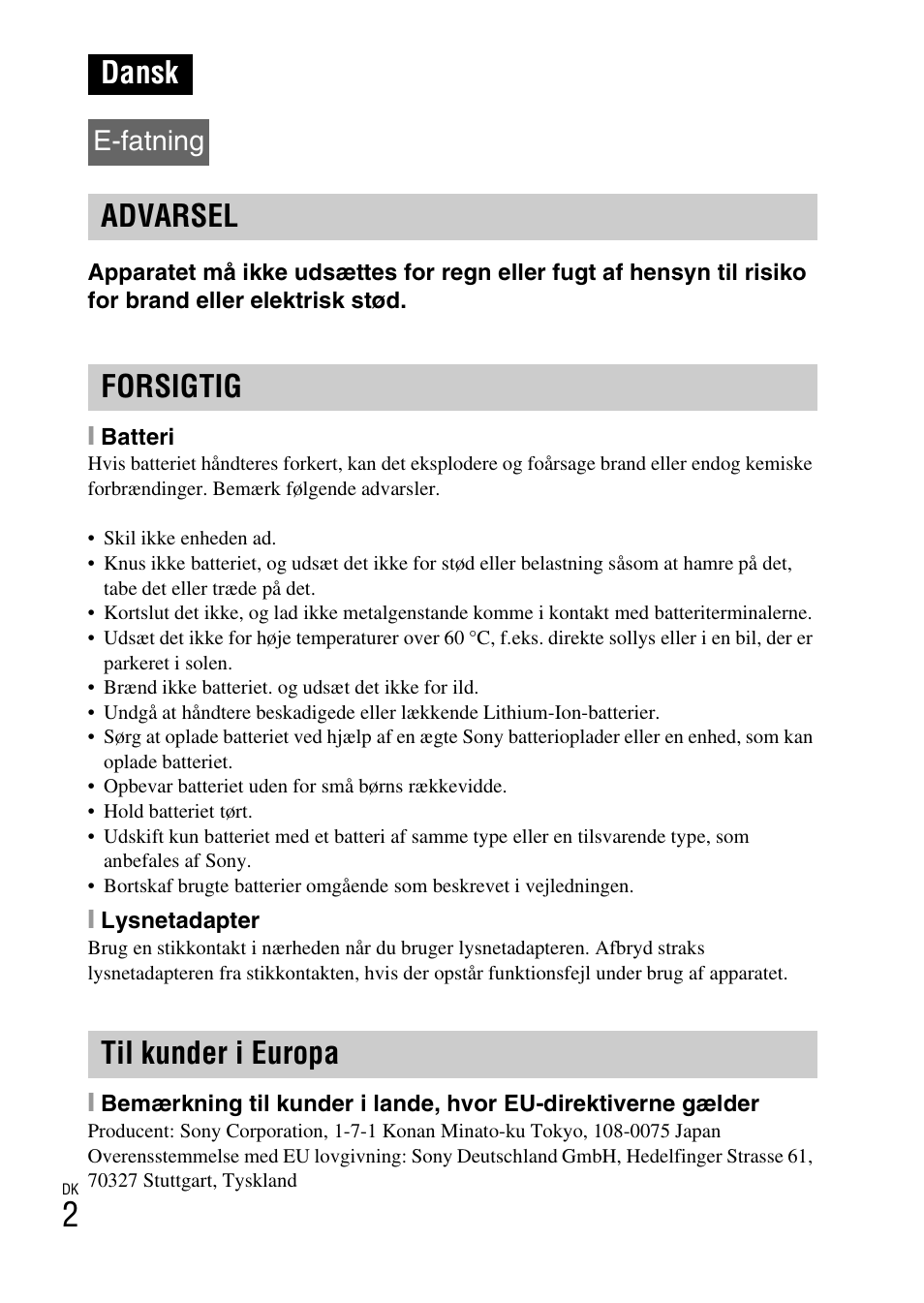 Dansk, Advarsel forsigtig til kunder i europa, E-fatning | Sony ILCE-3000 User Manual | Page 546 / 579