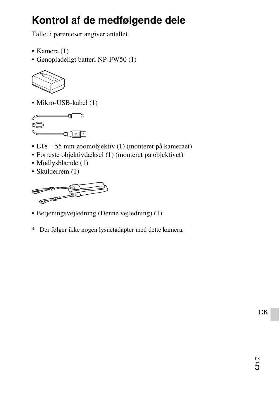 Forberedelse af kameraet, Kontrol af de medfølgende dele | Sony ILCE-3000 User Manual | Page 549 / 579