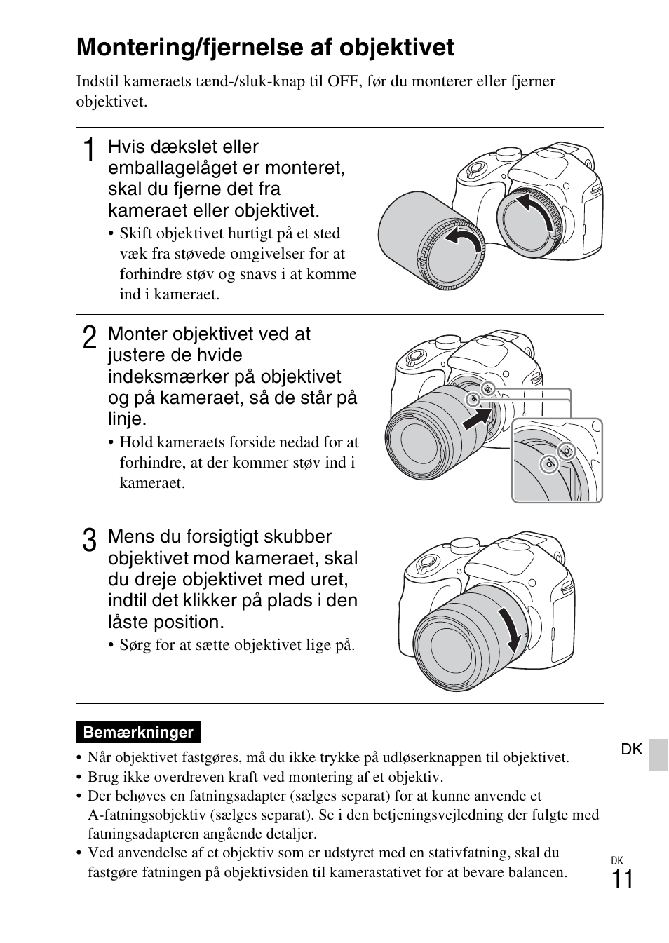 Montering/fjernelse af objektivet | Sony ILCE-3000 User Manual | Page 555 / 579