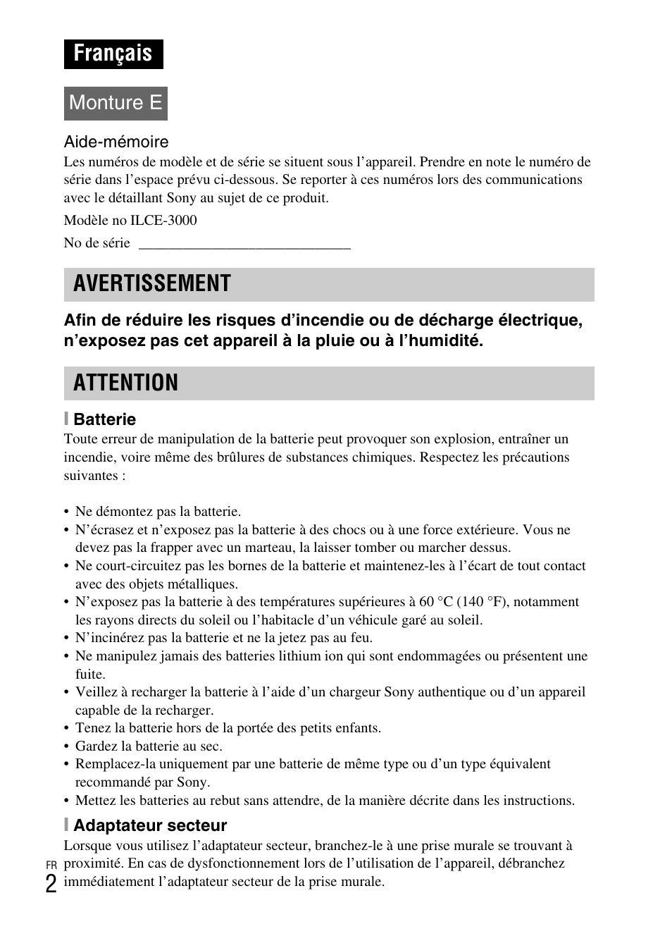 Français, Avertissement attention, Monture e | Sony ILCE-3000 User Manual | Page 56 / 579