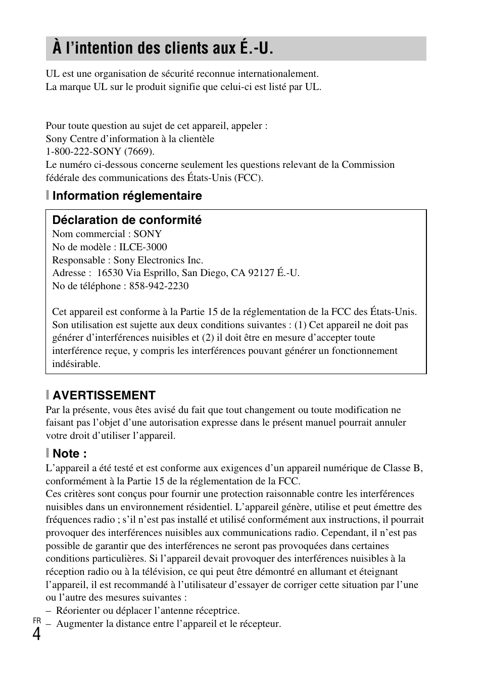 À l’intention des clients aux é.-u | Sony ILCE-3000 User Manual | Page 58 / 579