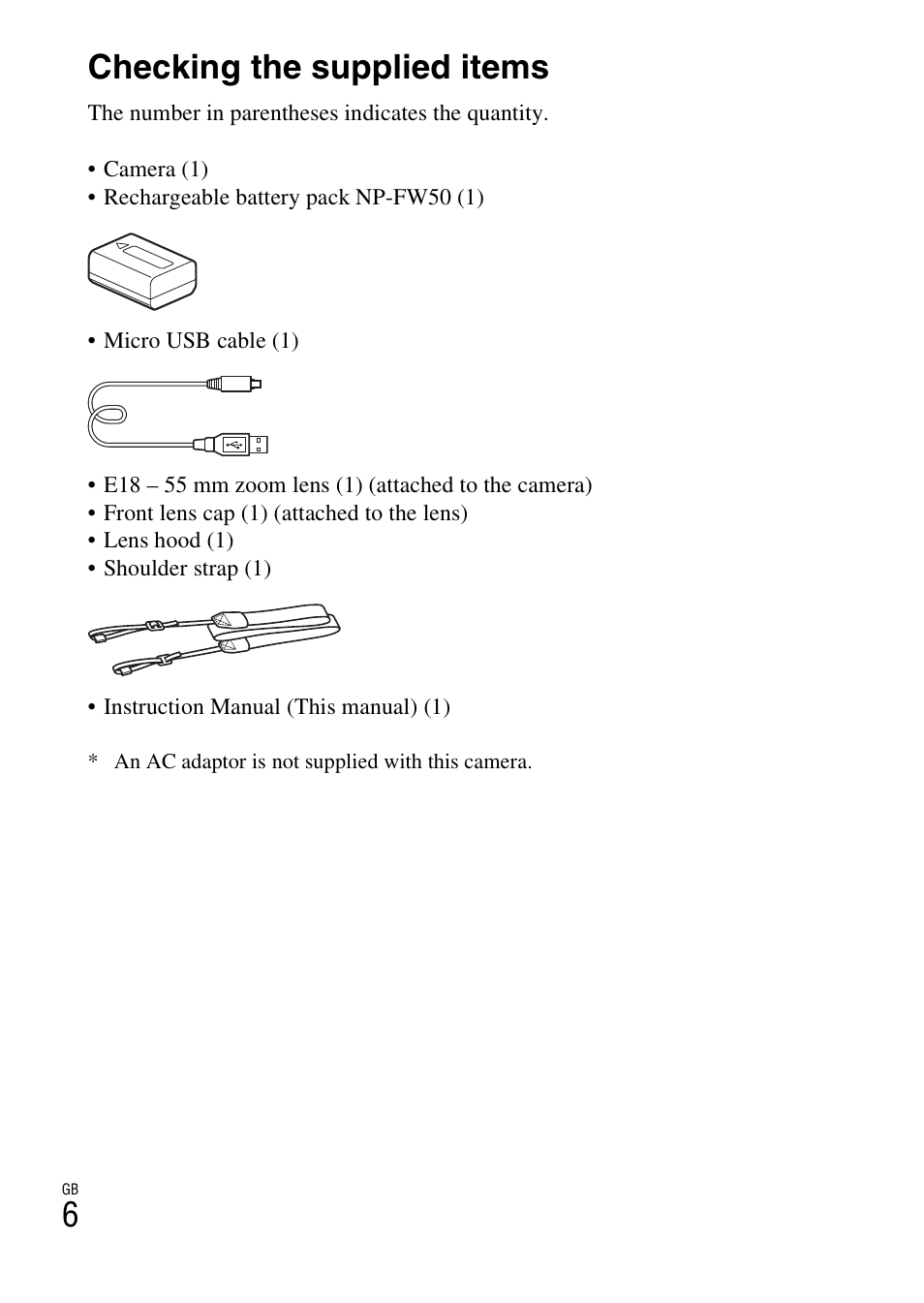 Preparing the camera, Checking the supplied items | Sony ILCE-3000 User Manual | Page 6 / 579