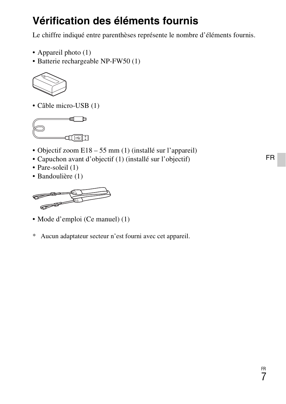 Préparation de l’appareil photo, Vérification des éléments fournis | Sony ILCE-3000 User Manual | Page 61 / 579