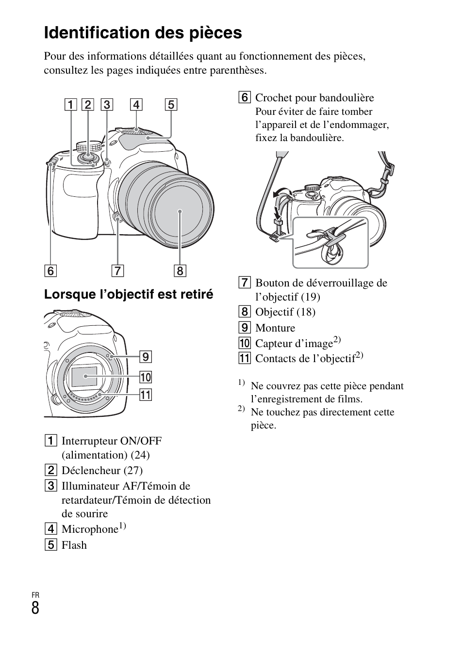 Identification des pièces, 8identification des pièces, Lorsque l’objectif est retiré | Sony ILCE-3000 User Manual | Page 62 / 579