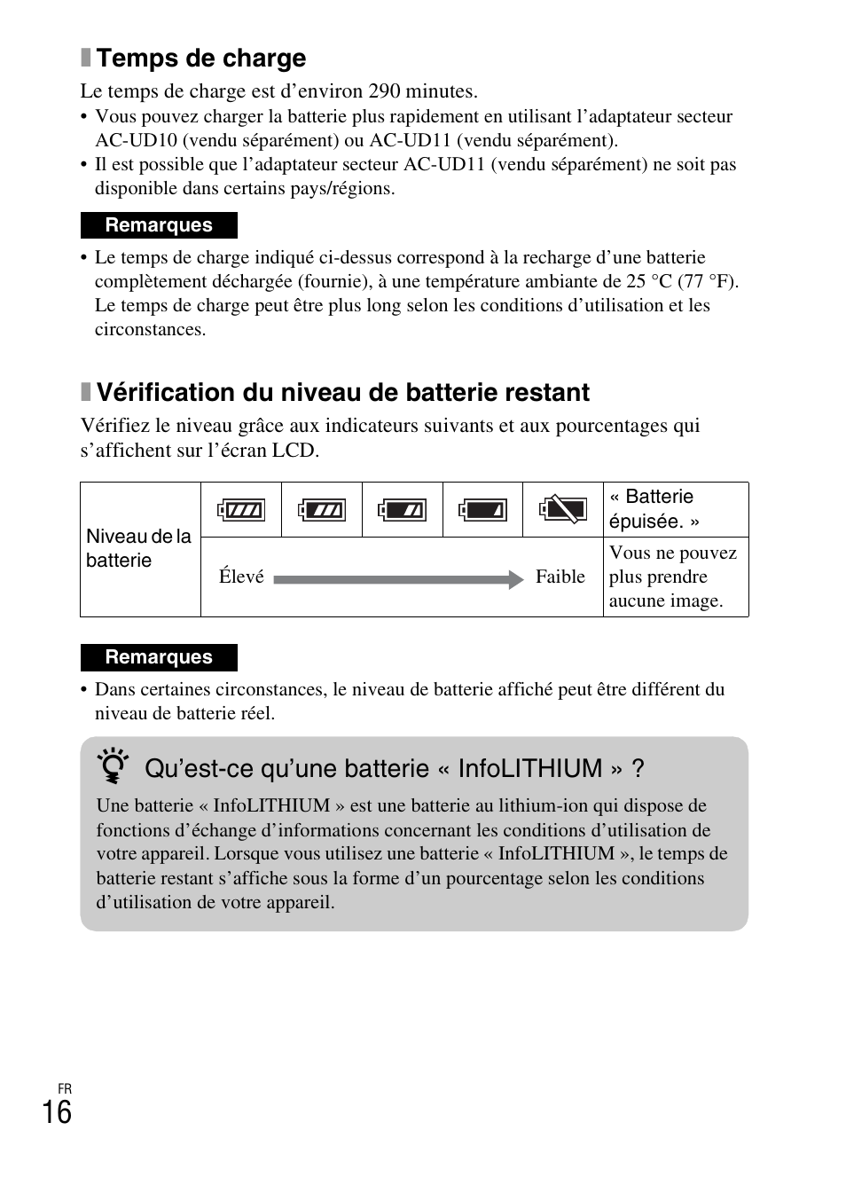 Xtemps de charge, Xvérification du niveau de batterie restant, Qu’est-ce qu’une batterie « infolithium | Sony ILCE-3000 User Manual | Page 70 / 579