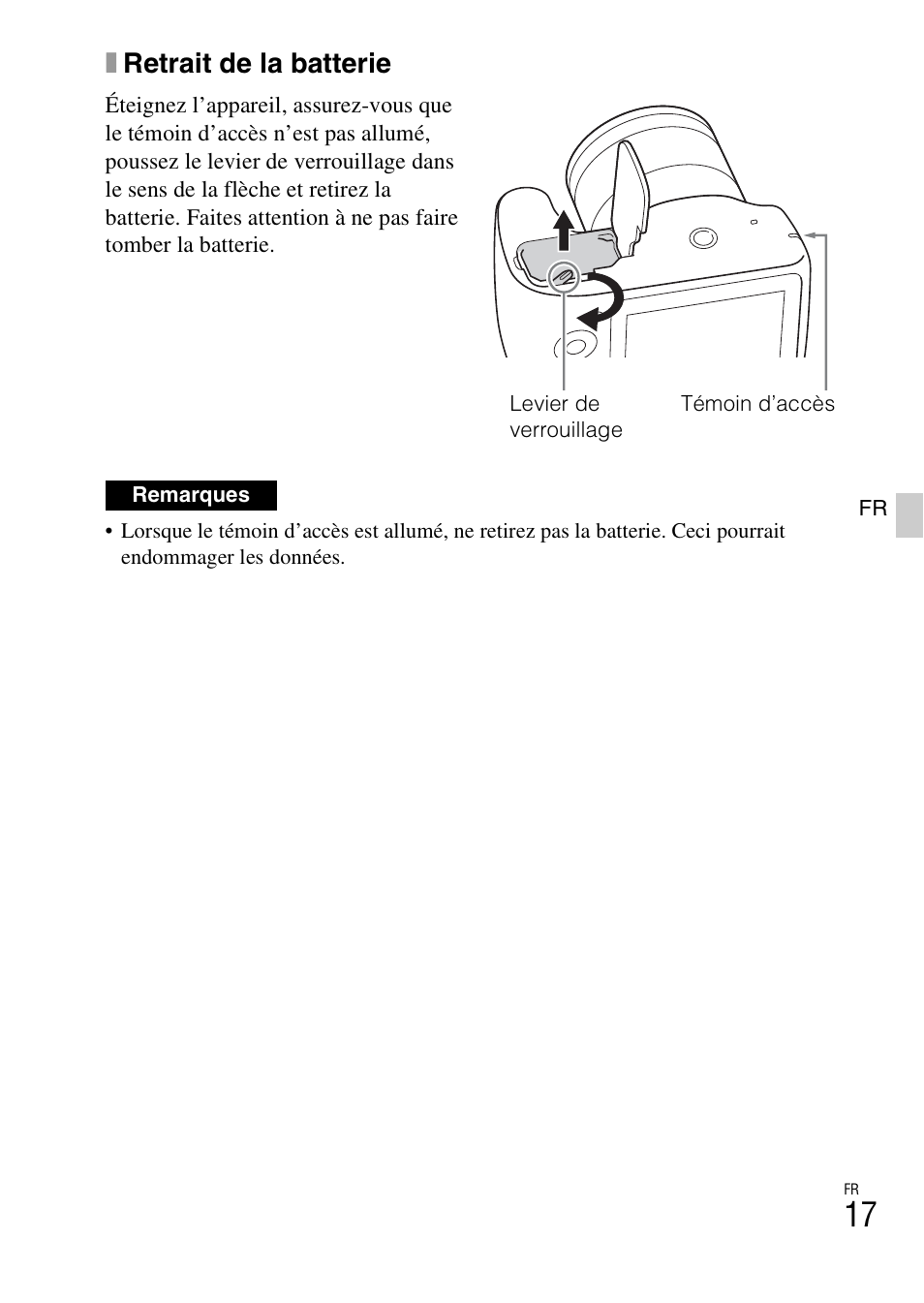 Xretrait de la batterie | Sony ILCE-3000 User Manual | Page 71 / 579