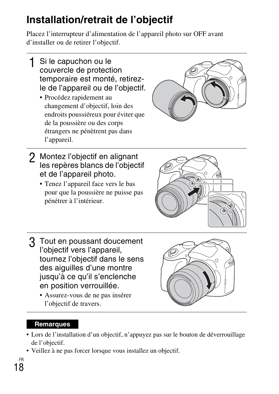 Installation/retrait de l’objectif, 18 installation/retrait de l’objectif | Sony ILCE-3000 User Manual | Page 72 / 579