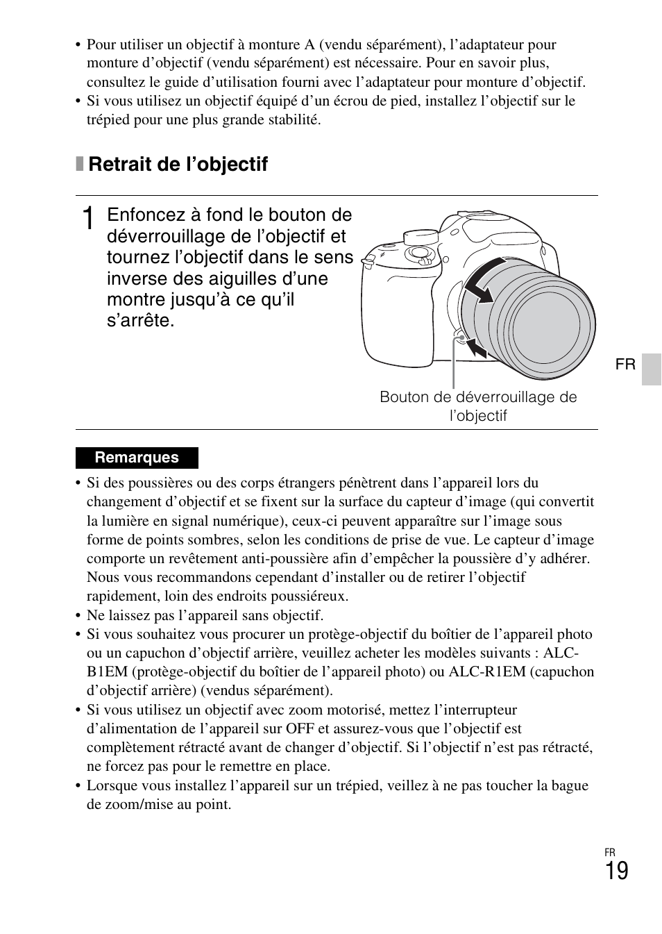 F (19, Xretrait de l’objectif | Sony ILCE-3000 User Manual | Page 73 / 579