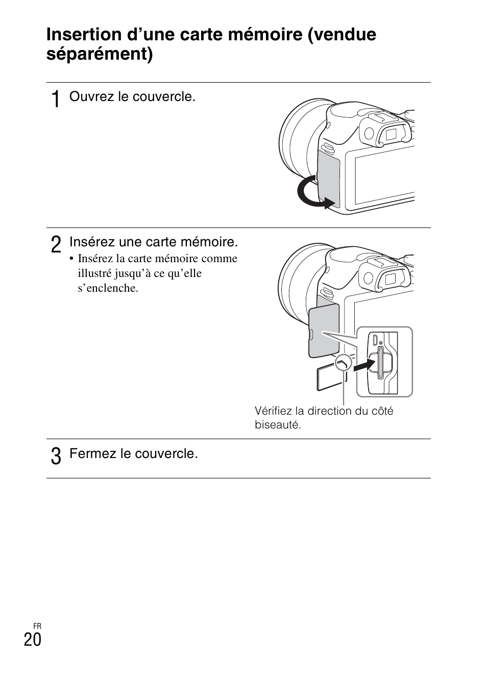 Insertion d’une carte mémoire (vendue séparément), E (20) | Sony ILCE-3000 User Manual | Page 74 / 579