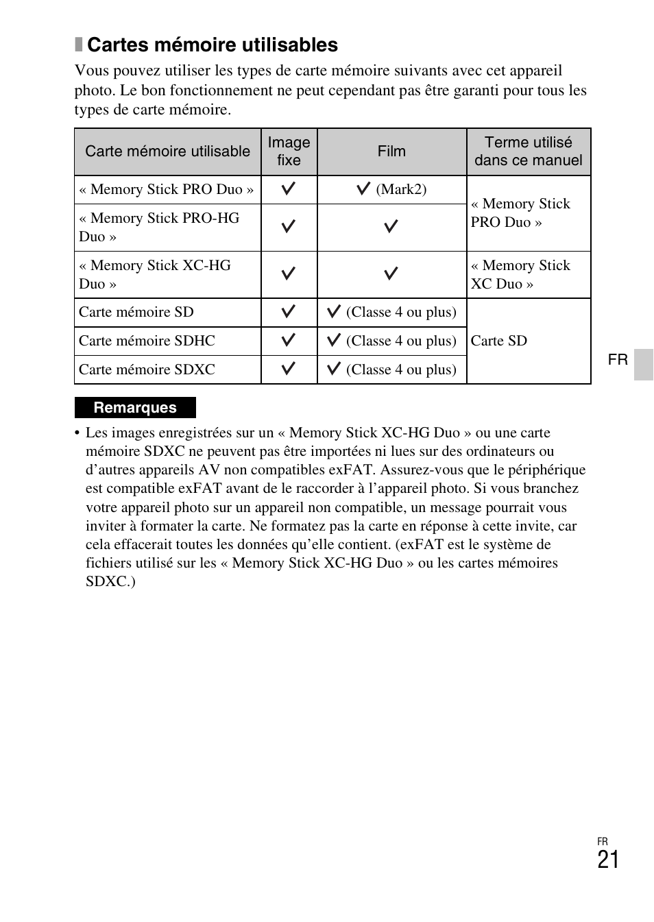 Xcartes mémoire utilisables | Sony ILCE-3000 User Manual | Page 75 / 579